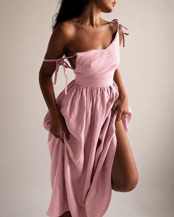 Chocolate Brown Linen Dress Sleeveless Summer Maxi Boho Sundress Pockets Rustic Minimalist Vacation Outfit Cottagecore Gathered Waist