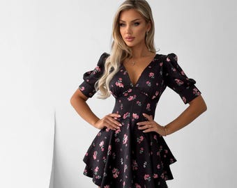 Floral dress romper with corset fit, puff sleeves, mini silhouette, soft fabric, zip back style for spring summer wardrobe