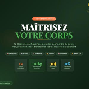 Peut inclure: Guide numérique "MAITRISEZ VOTRE CORPS" sur fond vert foncé. Il promet 12 étapes scientifiquement prouvées pour perdre du poids, manger sainement et transformer votre silhouette. Contient des icônes et du texte.