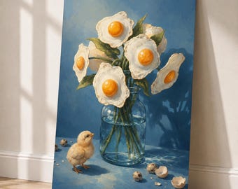 Chicken Flower Art, Blue Kitchen Wall Art (Physical Print)