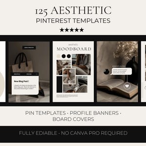 Peut inclure: Ensemble de 125 modèles Pinterest esthétiques, comprenant des modèles d'épingles, des bannières de profil et des couvertures de tableaux. Le texte comprend "New Blog Post!" et "Fashion". Les modèles sont entièrement modifiables et ne nécessitent pas Canva Pro.