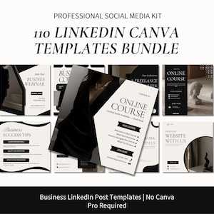 Könnte beinhalten: Ein professionelles Social-Media-Kit mit 110 LinkedIn Canva-Vorlagen. Das Bundle enthält Vorlagen für Webinare, Business-Erfolgstipps, Online-Kurse und Website-Werbung. Das Design ist hauptsächlich in Schwarz und Weiß gehalten.