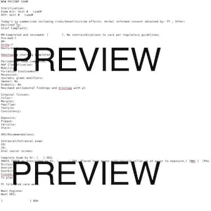 May include: A white document with black text, including the word "PREVIEW" in large, bold letters. The document appears to be a medical form, with sections for patient information and examination details.
