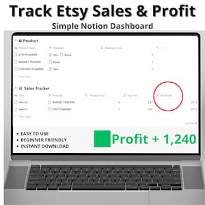 Puede incluir: Una pantalla de portátil muestra un panel de control de Notion para el seguimiento de ventas y ganancias de Etsy. El panel incluye secciones de seguimiento de productos y ventas, con un enfoque en la ganancia neta. El texto indica "Fácil de usar", "Apto para principiantes" y "Descarga instantánea".
