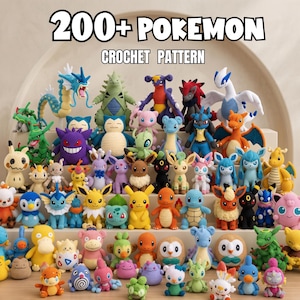 Paquete de más de 200 patrones de crochet inspirados en Pokémon en formato PDF: Mega Amigurumi Pack, Pikachu, Dragonite, Eevee, Gengar, Squirtle y más. Patrones en inglés.
