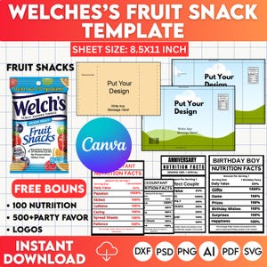 Peut inclure: Un modèle pour les collations aux fruits Welch's, avec une taille de feuille de 21,59 x 27,94 cm. La conception comprend un emballage de collation aux fruits, le logo Canva et des zones pour ajouter des conceptions personnalisées.