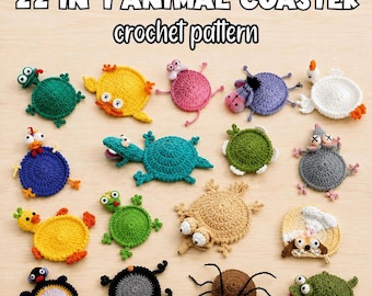 22-in-1 Animal Crochet Coaster Patterns, Mug Hugger Bundle, animals cup holder (PDF + VIDEO TUTORIAL)