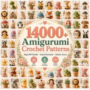 Może przedstawiać: Kolekcja licznych małych szydełkowych figurek amigurumi, w tym zwierząt, roślin i lalek, ułożonych w siatkę wokół centralnego emblematu z napisem 14000+ Amigurumi Crochet Patterns, Mega PDF Bundle, Instant Download, Lifetime Access.