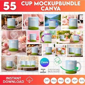 Könnte beinhalten: Eine Sammlung von 15 Kaffeetassen mit Landschaftsdesign, die einen blauen Himmel, eine weiße Wolke und grüne Hügel zeigen. Die Tassen haben verschiedene Griff- und Innenfarben. Der Text "55 CUP MOCKUPBUNDLE CANVA" und "SOFORT-DOWNLOAD" ist ebenfalls enthalten.