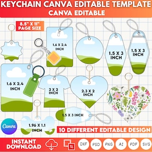Peut inclure: Image présentant dix modèles de porte-clés de différentes formes, avec des dimensions en pouces. Le texte « KEYCHAIN CANVA EDITABLE TEMPLATE » et « CANVA EDITABLE » est également visible.