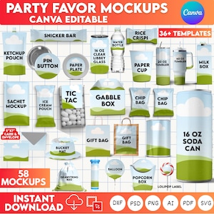 May include: A collection of party favor mockups, including a Snicker bar, water bottle, paper cup, and soda can. The image features various packaging designs with a sky and grass theme, and includes the text "Party Favor Mockups" and "Canva Editable".