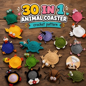 Puede incluir: Una colección de 30 posavasos de animales tejidos a ganchillo con varios diseños coloridos que incluyen tortugas, arañas y pájaros. El texto 30 IN 1 ANIMAL COASTER crochet pattern aparece en el centro. Cada pieza está hecha de hilo.