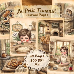 May include: A collection of illustrated journal pages with a vintage bakery theme. The pages feature watercolor illustrations of baked goods, children, and bakery scenes. Text includes "Le Petit Fournil" and "Journal Pages".