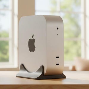 May include: A silver desktop computer with the Apple logo on the front. The computer is on a gray stand and has a sleek, modern design. The background includes a window and a wooden table.