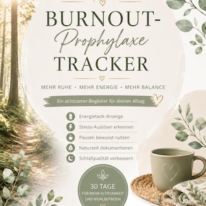 Könnte beinhalten: Ein digitales Tracker-Dokument mit dem Titel Burnout-Prophylaxe TRACKER, das einen Waldhintergrund, grüne Blattillustrationen und eine Liste von Wellness-Zielen zur 30-tägigen Überwachung von Energie, Stress und Schlafqualität enthält.