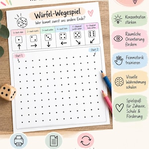 May include: A printable dice path game sheet titled Würfel-Wegespiel with a grid of dots, a dice movement guide, and two colored pencils. The sheet includes instructions for movement based on dice rolls, with icons for concentration, spatial orientation, and motor skills.