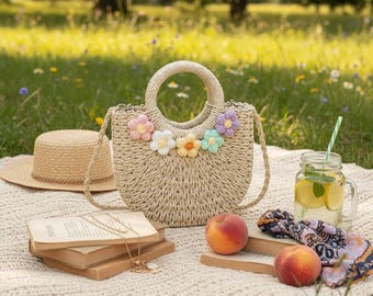 Bolso de paja con flores de ganchillo / Bolso de mano tejido estilo boho para mujer / Bolso de hombro de verano para la playa