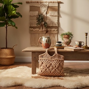 fourre-tout en macramé avec losanges | Sac de plage tissé naturel | Acheteur bohème sur le marché