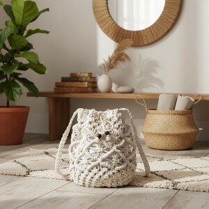 Macrame Bucket Bag | Cream Cotton Shoulder Bag | Boho Drawstring Crossbody Purse
