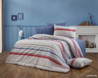 Juego de funda nórdica a rayas retro, ropa de cama de mezcla de algodón azul, rojo y gris.