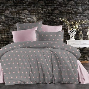 Juego de funda nórdica con corazones grises y rosas, ropa de cama con estampado de amor, juego de cama romántico, sábanas de algodón suave, decoración acogedora para el dormitorio.