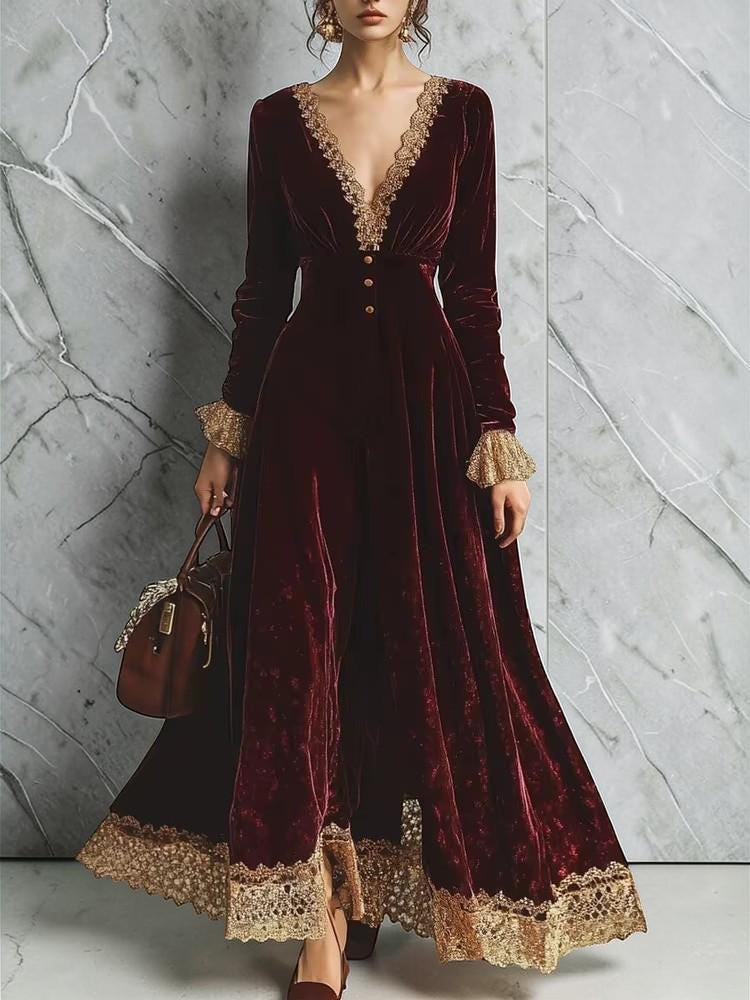 burgundy and gold long sleeve dress Burgundy dress with gold feathers on hem and sleeves main image 0