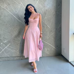 pink dress with pockets Jessie Pink Midi Dress - US 2