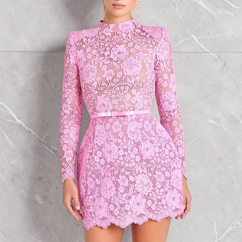 pink lace dress with belt Women's Corset Pink Lace Mini Dress