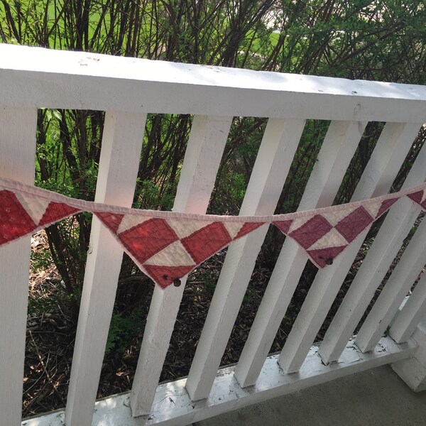 Primitive Vintage Quilt Pennant~ hanging decor~ vintage quilt~ red, maroon white quilt pieces~Flag bunting~Summer- Fourth of July- Americana