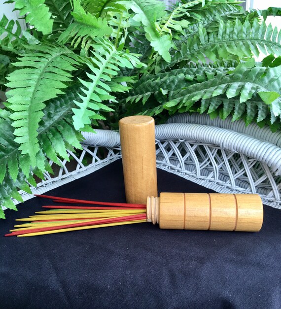 Colorful Vintage PickUpSticks in solid round wood case. Etsy