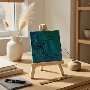 May include: A small wooden easel holds a square canvas with an abstract painting in shades of teal and green. A pen and slate coaster, a brass ruler, and a small vase with dried flowers sit on a wooden desk.