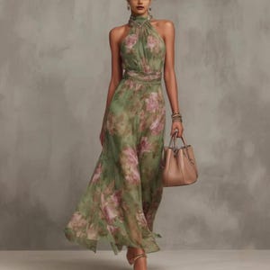 Abito lungo verde floreale con scollo all'americana, elegante abito da sera estivo da donna