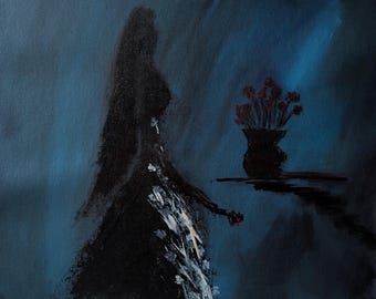 Dipinto acrilico originale su tela, silhouette scura, figura suggestiva in luce blu con rose rosse, opera d'arte murale espressiva e malinconica, 40 x 50 cm