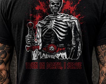 Red Skeleton Warrior Back Print Shirt, Even In Death I Serve Tee, Dark Fantasy Gothic Streetwear, Original Hand Drawn Art