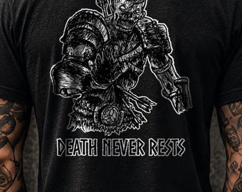 Death Never Rests Back Print Shirt, Zombie Warrior Gothic Tee, Dark Fantasy Streetwear, Original Hand Drawn Art, Alternative Fashion Gift