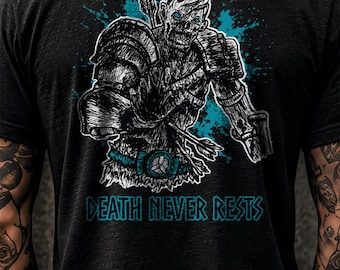 Blue Zombie Warrior Back Print Shirt, Death Never Rests Tee, Dark Fantasy Gothic Streetwear, Original Hand Drawn Art