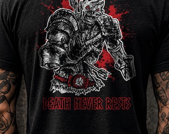 Red Zombie Warrior Back Print Shirt, Death Never Rests Tee, Dark Fantasy Gothic Streetwear, Original Hand Drawn Art