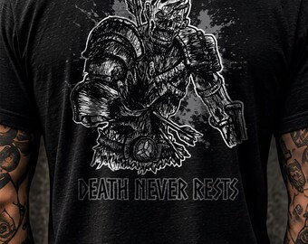 Grey Zombie Warrior Back Print Shirt, Death Never Rests Tee, Dark Fantasy Gothic Streetwear, Original Hand Drawn Art