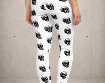 White Skull Pattern Leggings, Gothic All Over Print, Edgy Alternative Fashion, High Contrast Activewear, Original Hand Drawn Skull Art