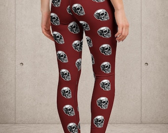 Red Skull Print Leggings, Gothic Alternative Fashion, High Contrast Waistband, All Over Print, Original Hand Drawn Skull Art