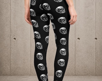 Black Skull Pattern Leggings, Gothic All Over Print, Edgy Streetwear Fitness Pants, Alternative Fashion, Original Hand Drawn Skull Art