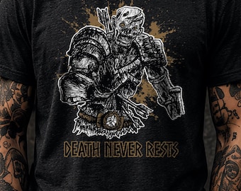 Gold Zombie Warrior Shirt, Death Never Rests Tee, Dark Fantasy Gothic Apparel, Original Hand Drawn Art, Alternative Fashion