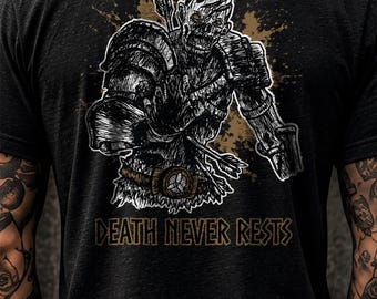 Gold Zombie Warrior Back Print Shirt, Death Never Rests Tee, Dark Fantasy Gothic Streetwear, Original Hand Drawn Art