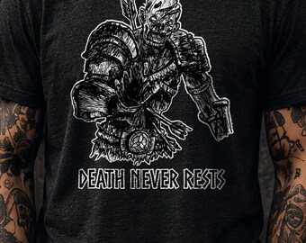 Death Never Rests Shirt, Zombie Warrior Dark Fantasy Tee, Gothic Armor Graphic Shirt, Medieval Alternative Apparel, Original Hand Drawn Art