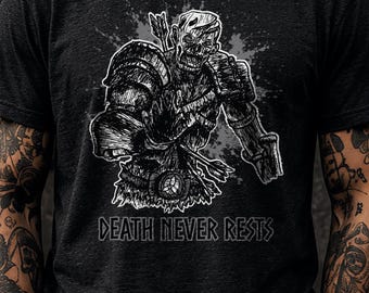 Grey Zombie Warrior Shirt, Death Never Rests Tee, Dark Fantasy Gothic Apparel, Original Hand Drawn Art, Alternative Fashion