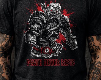 Red Zombie Warrior Shirt, Death Never Rests Tee, Dark Fantasy Gothic Apparel, Original Hand Drawn Art, Alternative Fashion