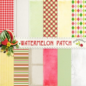 May include: A digital paper pack featuring diverse patterns and textures. Includes red gingham, white wood, green polka dots, plaid, yellow, diamond shapes, red stripes, pink, and green chevron. The text "Watermelon Patch" is displayed on a white scalloped banner.