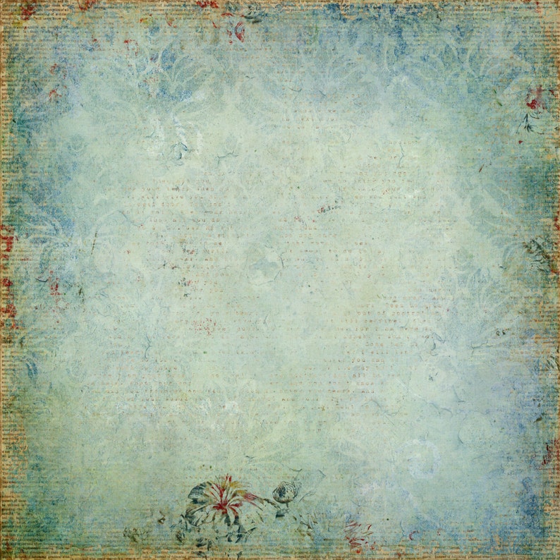 K&ouml;nnte beinhalten: Ein digitaler Hintergrund im Vintage-Stil mit einem verwitterten, strukturierten Aussehen. Die Farbpalette umfasst Blau-, Gr&uuml;n- und Beiget&ouml;ne mit floralen und schriftartigen Elementen. Die R&auml;nder sind mit einem Textrahmen versehen.