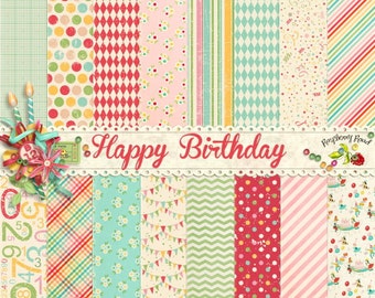 May include: A set of 12 digital papers featuring various patterns in pink, red, green, blue, and yellow. The patterns include polka dots, stripes, checkered, and floral designs. The text "Happy Birthday" is written in a decorative font across the top of the image.