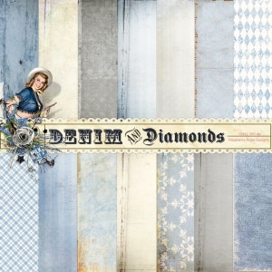 以下が含まれることがあります： 「Denim and Diamonds」というタイトルのデジタルペーパーパックで、ヴィンテージな雰囲気です。木目、花柄、ダイヤモンド型など、さまざまな青とクリーム色のテクスチャが特徴です。デニムの衣装を着たピンナップガールが左側にいます。